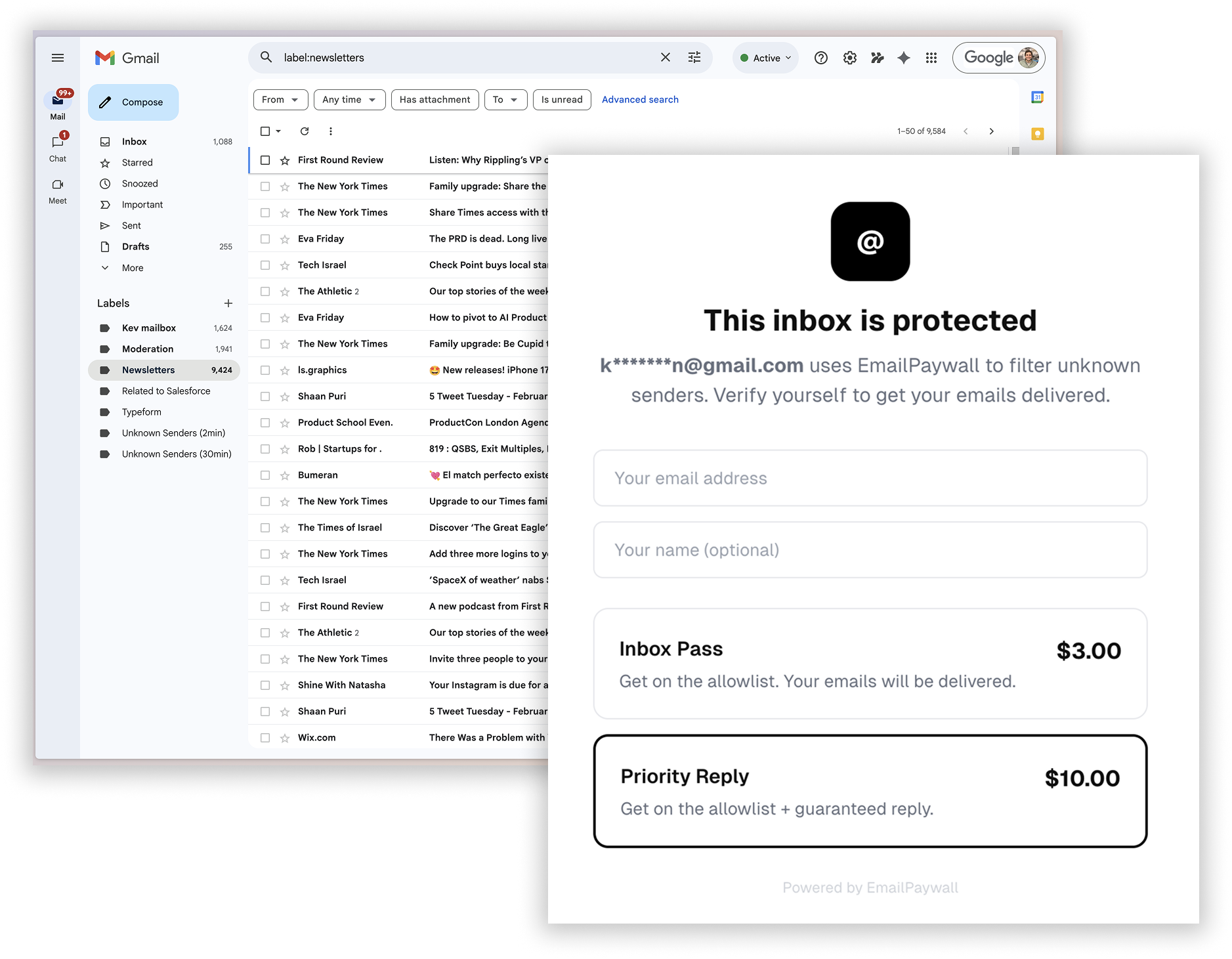 EmailPaywall in action — Gmail inbox with paywall overlay