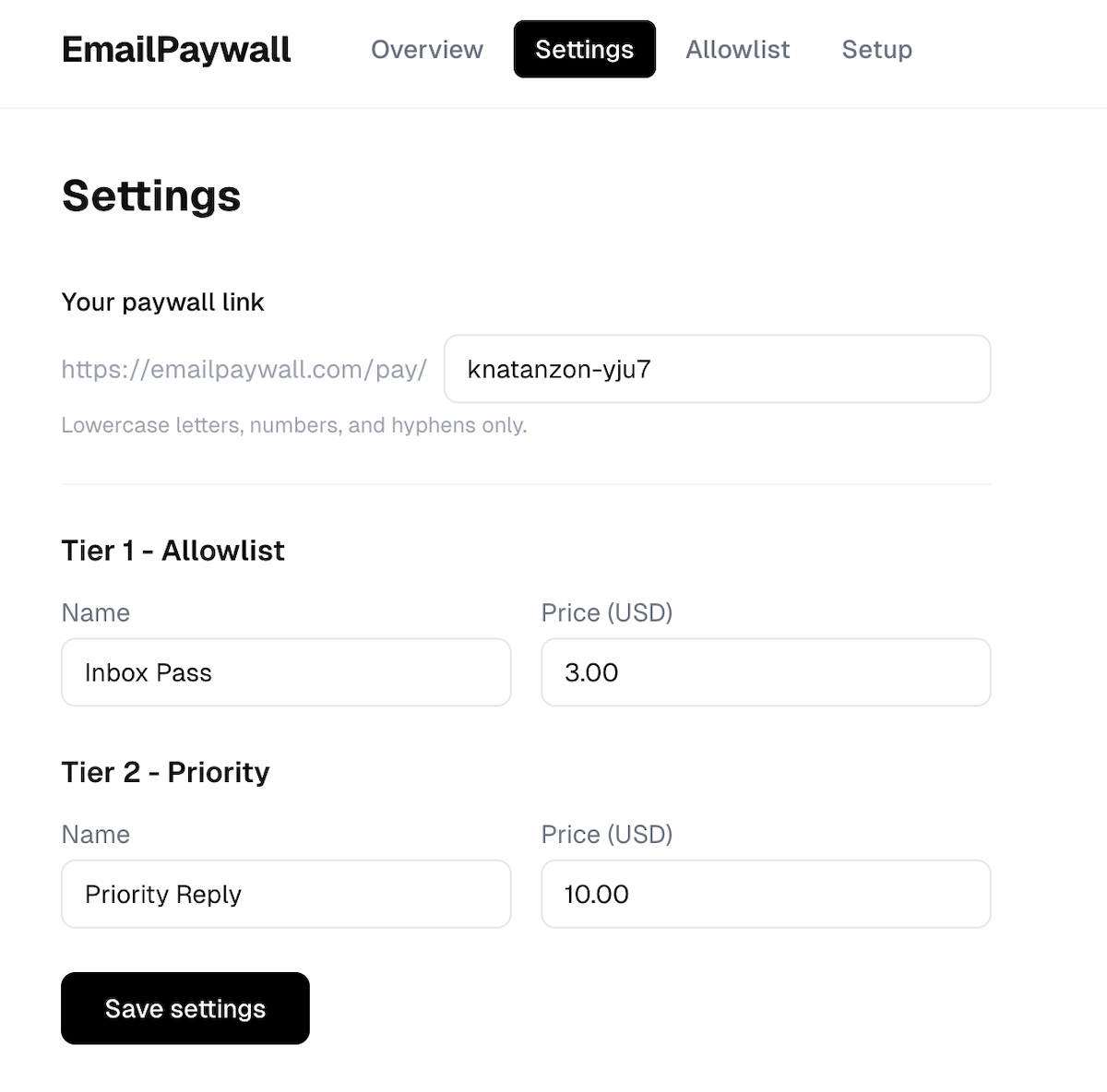 EmailPaywall settings — set your own tier prices